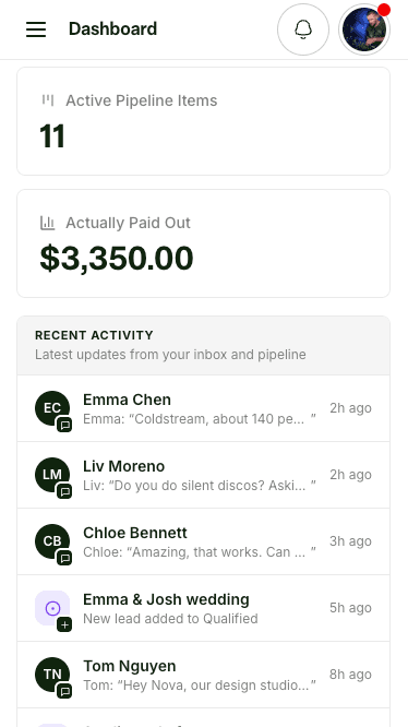 The dashboard on a phone, with active pipeline items, money paid out and recent activity